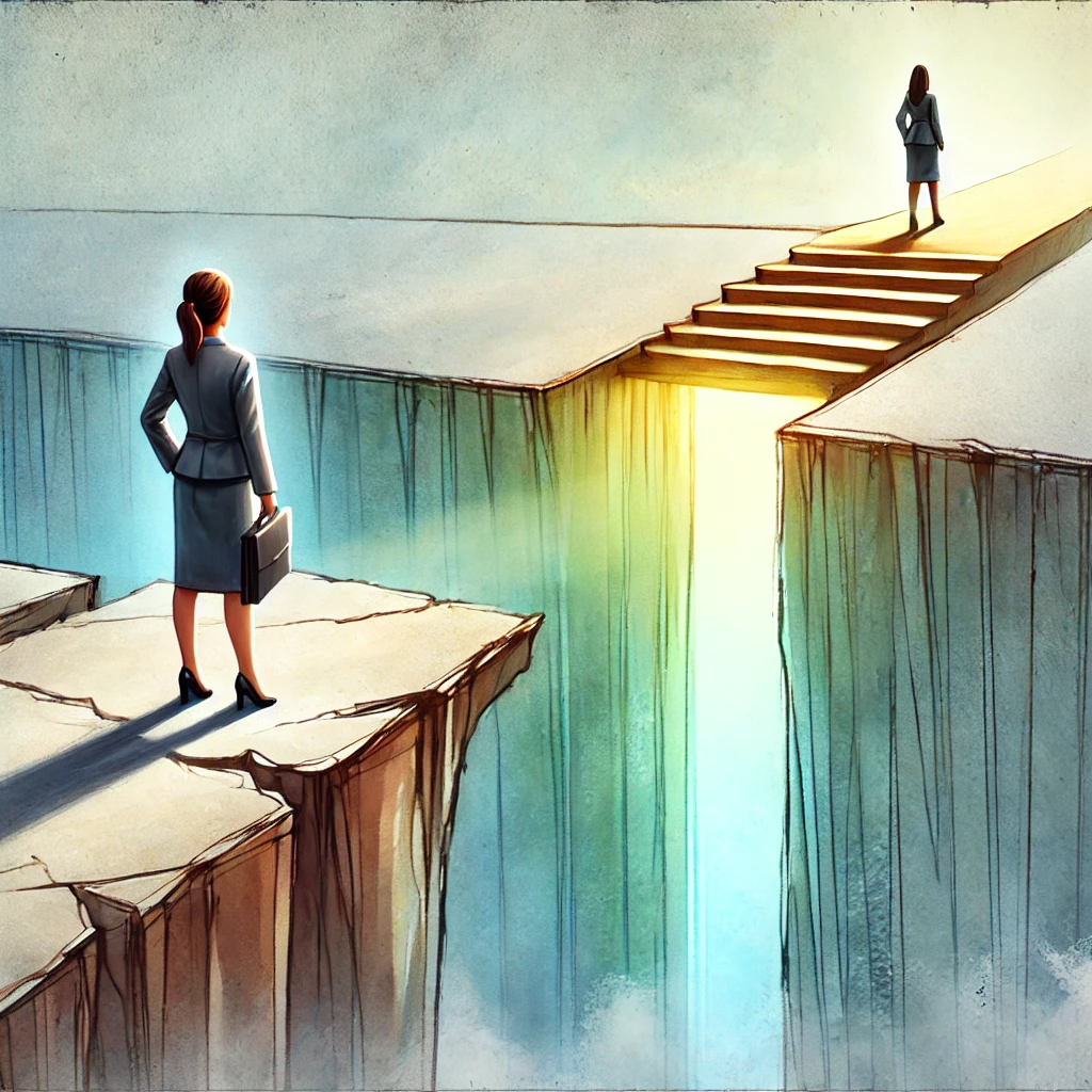 Watercolor illustration of a woman navigating the confidence gap in leadership.