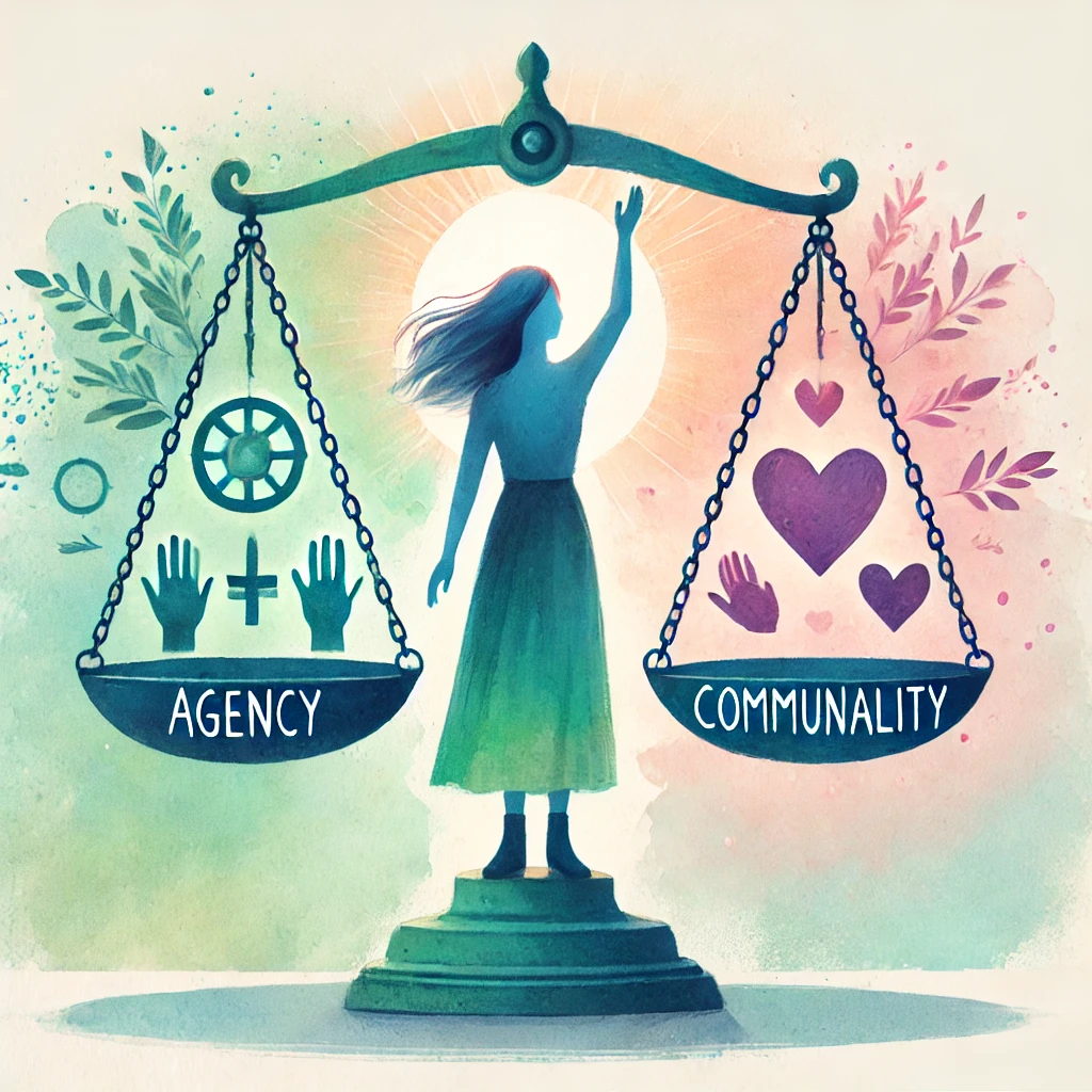 Watercolor illustration of a woman balancing agency with communality in leadership.