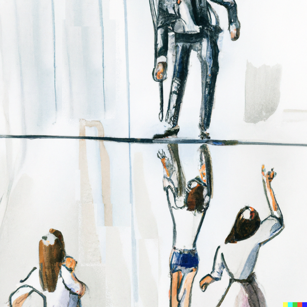 Watercolor illustration of man on top of the glass ceiling with professional women trying to break through.