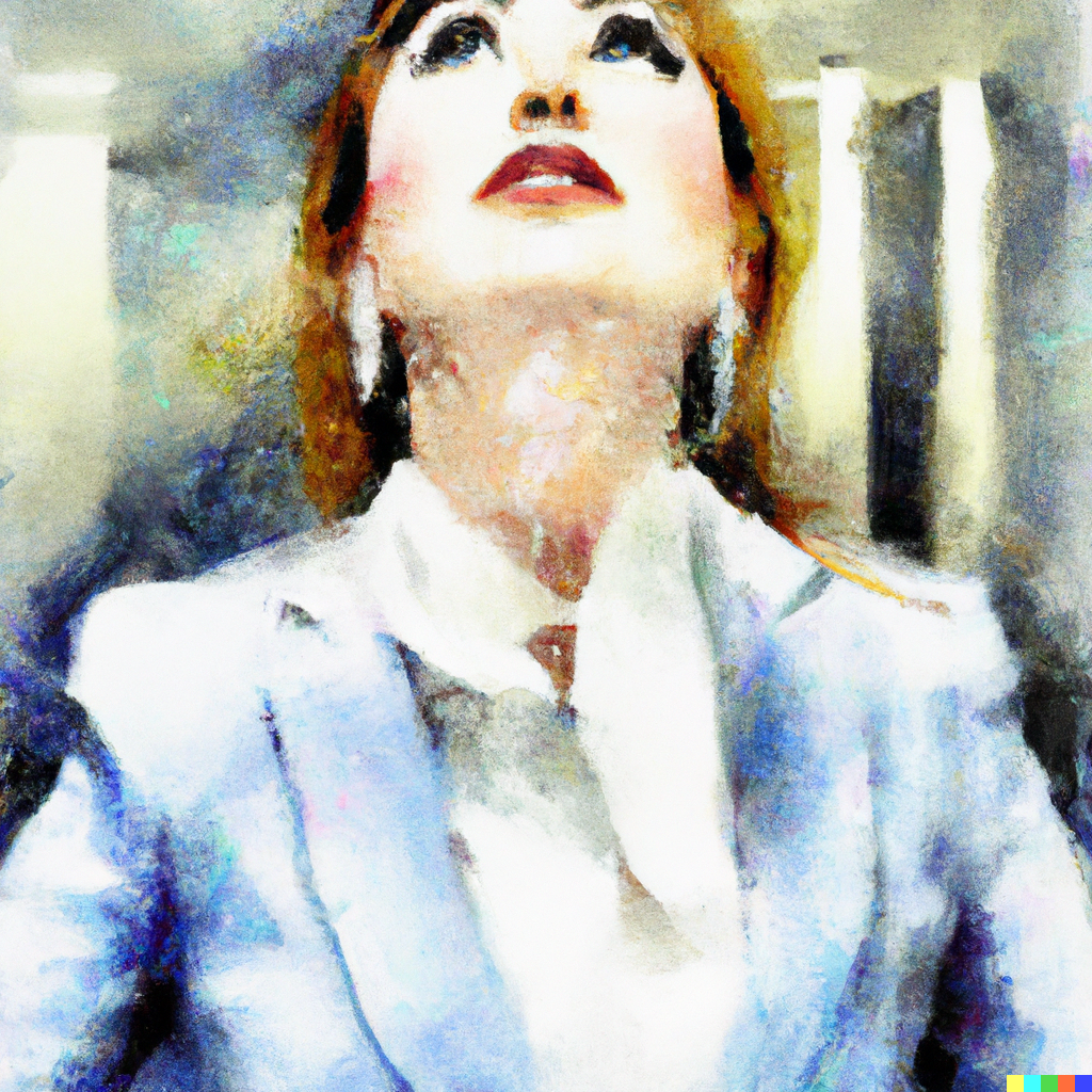 Watercolor illustration of a woman looking up at the glass ceiling at work.